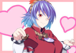 Rule 34 | 1girl, ;), candy, chocolate, chocolate heart, female focus, food, gradient hair, h-new, heart, mirror, multicolored hair, one eye closed, purple hair, red eyes, short hair, slit pupils, smile, solo, touhou, upper body, wink, yasaka kanako