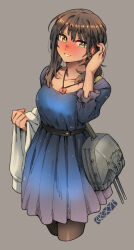 Rule 34 | 1girl, anchor symbol, artist logo, artist name, belt, black belt, black bra strap, black pantyhose, blue dress, blush, breasts, brown hair, collarbone, cropped legs, dress, ergot, fubuki (kancolle), full-face blush, green eyes, grey background, hair between eyes, hand on own ear, heart-shaped lock, heart lock (kantai collection), holding, holding clothes, holding jacket, jacket, jewelry, kantai collection, looking at viewer, medium breasts, medium hair, necklace, official alternate costume, open mouth, pantyhose, puffy sleeves, ring, sidelocks, simple background, smile, solo, standing, turret, wedding ring