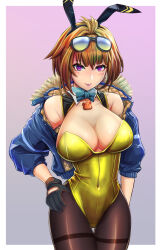 Rule 34 | 1girl, :p, ahoge, bare shoulders, blush, breasts, brown hair, collarbone, covered navel, cowboy shot, fur-trimmed hood, fur trim, girls&#039; frontline, grizzly mkv (girls&#039; frontline), highres, hood, ichi illust001, jacket, large breasts, leotard, pantyhose, playboy bunny, purple eyes, short hair, solo, thighband pantyhose, tongue, tongue out