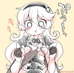 Rule 34 | 1girl, armor, closed mouth, corrin (female) (fire emblem), corrin (fire emblem), crying, crying with eyes open, eromame, fire emblem, fire emblem fates, hairband, monochrome, nintendo, pointy ears, pout, simple background, solo, tears, twitter username, upper body