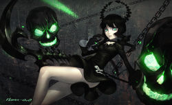 Rule 34 | 10s, 1girl, absurdres, artist name, black dress, black hair, black rock shooter, chain, claws, dead master, dress, drill hair, green eyes, han-0v0, highres, horns, legs, long hair, looking at viewer, skull, solo, twin drills, weapon