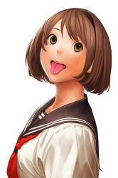 Rule 34 | 1girl, brown eyes, hairband, looking at viewer, open mouth, original, school uniform, serafuku, short hair, simple background, solo, teeth, tongue, tongue out, turiganesou800, white background