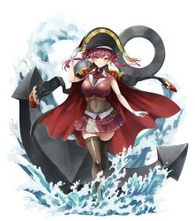 Rule 34 | 1girl, absurdres, anchor, anno masato, belt, breasts, cleavage, coat, coat on shoulders, covered navel, epaulettes, gloves, hat, heterochromia, highres, hololive, houshou marine, large breasts, leotard, leotard under clothes, pirate hat, pleated skirt, red eyes, red hair, see-through, see-through cleavage, skirt, smile, thighhighs, twintails, virtual youtuber, water, white gloves, yellow eyes