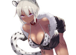 Rule 34 | 1girl, animal ears, bikini, bikini top only, black jacket, breasts, cait aron, cleavage, collar, collarbone, dark-skinned female, dark skin, eyelashes, feet out of frame, front-tie top, fur trim, glasses, jacket, large breasts, leopard ears, leopard tail, looking at viewer, original, pink eyes, sidelocks, simple background, smile, snow leopard, solo, swimsuit, tail, virtual youtuber, white background, white hair