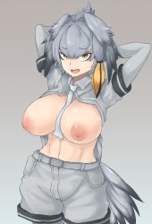 Rule 34 | 1girl, alternate breast size, arms behind head, arms up, belt, between breasts, bird tail, black hair, breasts, collared shirt, daniel sung, furrowed brow, green eyes, grey hair, grey necktie, grey pantyhose, grey shirt, grey shorts, hair between eyes, highres, kemono friends, large breasts, layered sleeves, long hair, long sleeves, looking at viewer, multicolored hair, navel, necktie, necktie between breasts, nipples, no bra, open clothes, open mouth, open shirt, orange hair, pantyhose, pocket, puffy nipples, shirt, shoebill (kemono friends), short over long sleeves, short sleeves, shorts, sidelocks, solo, stomach, tail, tareme, toned, wing collar