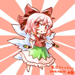 Rule 34 | 10s, 1girl, 2015, alternate color, artist name, blush, bow, cirno, color switch, cosplay, dango, dated, food, hair bow, hand on own hip, ibaraki kasen, ibaraki kasen (cosplay), ice, ice wings, open mouth, pink eyes, pink hair, short hair, simple background, skewer, solo, touhou, wagashi, wings, yuran (kuen-hien)