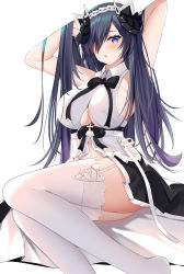 Rule 34 | 1girl, absurdres, arms up, august von parseval (azur lane), august von parseval (the conquered unhulde) (azur lane), azur lane, bare arms, black bow, black bowtie, black skirt, bow, bowtie, breasts, catnnn, clothing cutout, commentary request, cross-laced clothes, cross-laced legwear, curled horns, garter straps, hair over one eye, hand in own hair, highres, horns, large breasts, long hair, looking at viewer, mechanical horns, official alternate costume, open mouth, purple eyes, purple hair, shirt, skirt, sleeveless, sleeveless shirt, solo, thighhighs, underboob, underboob cutout, very long hair, white shirt, white thighhighs
