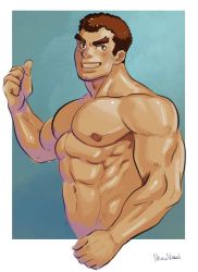 Rule 34 | 1boy, abs, bara, biceps, brown eyes, brown hair, completely nude, cropped torso, facial hair, flexing, forked eyebrows, highres, large pectorals, long sideburns, male focus, muscular, muscular male, navel, nhawnuad, nipples, nude, pectorals, short hair, sideburns, simple background, smile, solo, stubble, takabushi kengo, thumbs up, tokyo houkago summoners