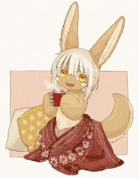 Rule 34 | 1other, androgynous, animal ears, bad id, bad twitter id, blanket, blush, brown eyes, coffee, cup, full body, furry, highres, holding, holding cup, kawasemi27, looking at viewer, made in abyss, nanachi (made in abyss), open mouth, pillow, short hair, smile, tail, teeth, upper teeth only, white hair