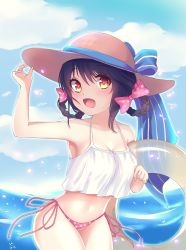 Rule 34 | 1girl, 2016, absurdres, bare shoulders, bikini, black hair, blue ribbon, blue sky, blush, bow, braid, breasts, brown hat, cleavage, cloud, cloudy sky, collarbone, cowboy shot, crop top, crop top overhang, dated, day, eyelashes, hair bow, hair ornament, hair ribbon, hand on headwear, hand up, hat, hat ribbon, heart, heart-shaped pupils, highres, holding, innertube, legs together, looking at viewer, medium breasts, navel, ocean, open mouth, orange eyes, original, outdoors, polka dot, polka dot bikini, polka dot bow, ribbon, short hair, side-tie bikini bottom, side braids, sky, sleeveless, solo, strap gap, sun hat, swim ring, swimsuit, symbol-shaped pupils, tamask, water