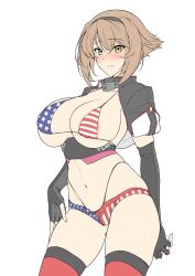 Rule 34 | 1girl, alternate costume, american flag, american flag print, areola slip, bikini, black panties, black thighhighs, blush, breasts, brown hair, closed mouth, elbow gloves, flag print, gloves, hair between eyes, hairband, halcon, highleg, highleg panties, highres, kantai collection, large breasts, looking at viewer, micro shorts, mutsu (kancolle), navel, panties, partially fingerless gloves, short hair, shorts, simple background, solo, swimsuit, thighhighs, underwear, white background, white shorts, yellow eyes