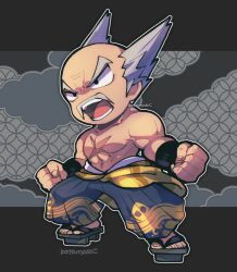 Rule 34 | 1boy, balding, black eyes, black wristband, clenched hands, facial hair, fingernails, full body, grey pants, kotorai, male focus, mishima heihachi, mustache, old, old man, open mouth, outline, pants, sandals, scar, scar on chest, signature, solo, standing, teeth, tekken, toenails, topless male, white outline