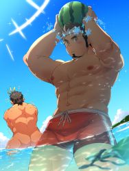 Rule 34 | 2boys, abs, alternate costume, arms up, ass, back, bara, bare pectorals, black hair, blonde hair, blush, brown hair, bulge, completely nude, cowboy shot, drawstring, facial hair, food, fruit, goatee, hairy, highres, holding, ice, large pectorals, long sideburns, looking at viewer, male focus, male swimwear, multicolored hair, multiple boys, muscular, navel, navel hair, nipples, nude, outdoors, pectorals, pointy ears, red male swimwear, red swim trunks, see-through, short hair, sideburns, snowflakes, sparkle, sparkling eyes, streaked hair, stubble, summer, swim trunks, swimsuit, tepen (tptptpn), thick thighs, thighs, tokyo houkago summoners, tomte (housamo), two-tone hair, water, watermelon, wet, white hair, yamasachihiko (housamo)