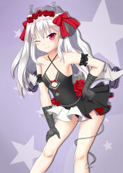 Rule 34 | 1girl, ;), absurdres, arm garter, armpits, azur lane, bare shoulders, bat wings, black dress, black gloves, black panties, blush, bow, breasts, bridal veil, chain, closed mouth, collarbone, commentary request, criss-cross halter, diagonal stripes, dress, fang, fang out, floral print, flower, gloves, grey wings, hair between eyes, hair bow, hair flower, hair ornament, halterneck, hand on own hip, highres, leaning forward, long hair, looking at viewer, low wings, one eye closed, panties, print gloves, purple background, red bow, red eyes, red flower, red rose, rose, rose print, see-through, sidelocks, silver hair, small breasts, smile, solo, star (symbol), striped, striped background, underwear, v-shaped eyebrows, vampire (azur lane), vampire (eloi&#039;s blessing) (azur lane), veil, very long hair, wings