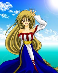 Rule 34 | 1girl, :d, arc the lad, arc the lad ii, arm up, bare shoulders, blonde hair, blue dress, brown eyes, clo-via, cloud, collarbone, dress, female focus, lens flare, lieza (arc the lad), long hair, long sleeves, looking at viewer, miyu (hare), open mouth, sky, smile, solo, sun, underbust, very long hair
