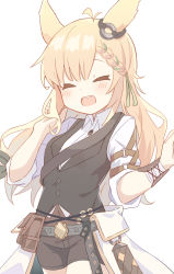 Rule 34 | 1girl, :d, ^ ^, absurdres, animal ears, arknights, black vest, blonde hair, blush, braid, breasts, brown shorts, closed eyes, collared shirt, covered navel, dress shirt, closed eyes, facing viewer, green ribbon, hair ribbon, highres, kroos (arknights), kroos the keen glint (arknights), long hair, long sleeves, open mouth, ribbon, ryoku sui, shirt, short shorts, shorts, simple background, small breasts, smile, solo, teeth, upper teeth only, very long hair, vest, white background, white shirt
