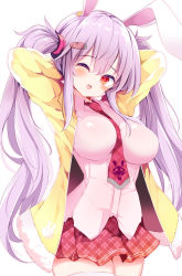 Rule 34 | 1girl, alternate hairstyle, animal ears, arms behind head, arms up, between breasts, blazer, blush, breasts, carrot hair ornament, commentary request, cowboy shot, food-themed hair ornament, hair between eyes, hair ornament, head tilt, highres, jacket, large breasts, long hair, long sleeves, looking at viewer, maturiuta sorato, miniskirt, necktie, necktie between breasts, one eye closed, open mouth, pink necktie, pink shirt, plaid, plaid skirt, pleated skirt, purple hair, rabbit ears, red eyes, red skirt, reisen udongein inaba, shirt, sidelocks, simple background, skirt, solo, standing, thighhighs, touhou, twintails, white background, white thighhighs, yellow jacket, zettai ryouiki