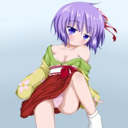 Rule 34 | 1girl, bad id, bad pixiv id, bare shoulders, blue eyes, blush, breasts, cleavage, female focus, flower, hair flower, hair ornament, hieda no akyuu, japanese clothes, kimono, oden (th-inaba), off shoulder, panties, pink panties, purple hair, short hair, sitting, small breasts, smile, solo, touhou, underwear