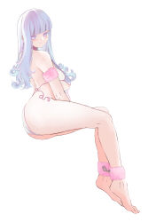 Rule 34 | 1girl, animal collar, ankle cuffs, armlet, artist name, ass, azur lane, bare shoulders, bdsm, bikini, blush, bondage, bound, bound ankles, breasts, collar, feet, flower-shaped pupils, full body, fuzzy footwear, highres, iridescent, kainines, large breasts, light purple hair, long hair, looking at viewer, plymouth (azur lane), purple eyes, purple hair, side-tie bikini bottom, sideboob, simple background, smile, solo, swimsuit, symbol-shaped pupils, two-tone bikini, white background, white bikini