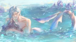 1boy absurdres blue_hair collarbone english_text fins fish_tail green_eyes highres holostars holostars_english long_hair looking_at_viewer male_focus mermaid monster_boy monster_girl pointy_ears regis_altare rm-parfait smile solo tail topless_male virtual_youtuber water