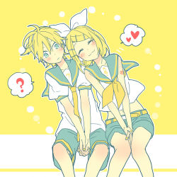 Rule 34 | 1boy, 1girl, ?, blonde hair, blue eyes, blush, brother and sister, closed eyes, hair ribbon, heart, kagamine len, kagamine rin, leaning on person, leaning to the side, lowres, ribbon, short hair, siblings, sitting, smile, spoken heart, suzumi (fallxalice), twins, v arms, vocaloid