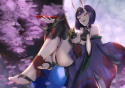 Rule 34 | 1girl, ass, bare shoulders, barefoot sandals (jewelry), bob cut, breasts, bridal gauntlets, cherry blossoms, collarbone, cup, eyeliner, fate/grand order, fate (series), feet, full moon, gourd, headpiece, highres, horns, japanese clothes, kimono, legs, long sleeves, looking at viewer, makeup, moon, night, night sky, obi, off shoulder, oni, open mouth, purple eyes, purple hair, purple kimono, r-townow, revealing clothes, sakazuki, sash, short hair, shuten douji (fate), skin-covered horns, sky, small breasts, smile, solo, toes, tree, wide sleeves