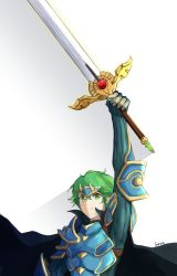 Rule 34 | alm (fire emblem), armor, fire emblem, fire emblem echoes: shadows of valentia, gloves, green eyes, green hair, highres, ippers, looking at viewer, male focus, nintendo, simple background, smile, solo, weapon, white background