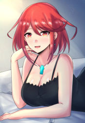 Rule 34 | absurdres, alternate costume, black dress, breasts, chest jewel, cleavage, dress, hair between eyes, highres, large breasts, latte, open mouth, pyra (xenoblade), red eyes, red hair, short hair, swept bangs, xenoblade chronicles (series), xenoblade chronicles 2