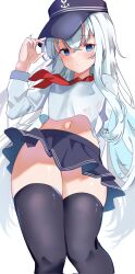 Rule 34 | 1girl, anchor symbol, black thighhighs, blue eyes, calin, commentary request, flat cap, hat, hibiki (kancolle), highres, kantai collection, long hair, looking at viewer, navel, school uniform, serafuku, simple background, solo, thighhighs, white hair