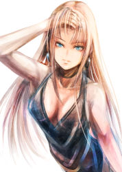 Rule 34 | 1girl, bare arms, black dress, blonde hair, blue eyes, breasts, cleavage, closed mouth, collarbone, dress, halterneck, long hair, looking at viewer, medium breasts, original, simple background, sketch, sleeveless, sleeveless dress, solo, straight hair, sushi (sashimise), upper body, very long hair, white background