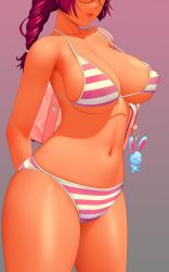 Rule 34 | 1girl, arm behind back, bag, bikini, braid, breasts, cleavage, collarbone, covered erect nipples, head out of frame, highres, large breasts, lips, lucknight, midriff, navel, original, red hair, school bag, simple background, single braid, skindentation, solo, striped bikini, striped clothes, swimsuit, thick thighs, thighs