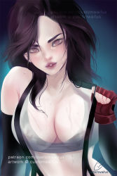 Rule 34 | 1girl, artist name, blue background, breasts, brown eyes, brown hair, cleavage, commentary, custom waifus, english commentary, final fantasy, final fantasy vii, fingerless gloves, gloves, hair over shoulder, large breasts, lips, long hair, looking at viewer, messy hair, mole, mole under eye, nose, parted bangs, parted hair, parted lips, patreon username, puckered lips, red gloves, see-through, shirt, signature, solo, suspenders, taut clothes, taut shirt, tifa lockhart, watermark, web address, wet, wet hair, white shirt