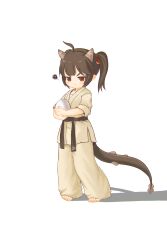 Rule 34 | 1girl, absurdres, ahoge, barefoot, belt, black belt, brown hair, chinese commentary, commentary request, dougi, dragon girl, dragon tail, egg, full body, highres, holding, holding egg, horns, kuma-bound, martial arts belt, medium hair, original, pants, pout, red eyes, scribble, simple background, solo, squiggle, standing, tail, toes, v-shaped eyebrows, white background, white pants