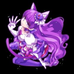 Rule 34 | 10s, 1girl, animal ears, black background, boots, cat ears, cat tail, choker, closed mouth, cure macaron, elbow gloves, extra ears, food-themed hair ornament, full body, gloves, hair ornament, high heel boots, high heels, kirakira precure a la mode, kotozume yukari, light smile, long hair, looking at viewer, macaron hair ornament, magical girl, precure, puffy sleeves, purple eyes, purple footwear, purple hair, purple neckwear, purple skirt, ribbon choker, senmu (0107), simple background, skirt, solo, tail, thigh boots, thighhighs, white gloves