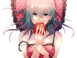 Rule 34 | 1girl, anzu (akap1), apple, aqua eyes, aqua hair, bare shoulders, biting, bloom, camisole, crossed wrists, eating, eyelashes, food, frilled pillow, frills, fruit, hair down, hands on own chest, hatsune miku, head on pillow, holding, holding food, holding fruit, lace-trimmed camisole, lace trim, looking at viewer, lying, messy hair, on back, pillow, pink camisole, polka dot, polka dot camisole, red apple, romeo to cinderella (vocaloid), sleepwear, solo, strap slip, vocaloid