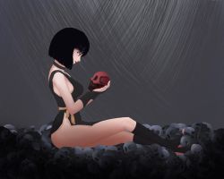 Rule 34 | 1girl, artist request, ass, bare legs, bare shoulders, black hair, bob cut, breasts, cleavage, curvy, dress, gradient background, huge ass, inuyasha, lips, no bra, no panties, red eyes, revealing clothes, sakasagami no yura, shiny skin, short dress, simple background, sitting, skull, wide hips