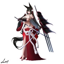 Rule 34 | 1girl, absurdres, an yasuri, animal ears, banned artist, bell, bikini, black hair, black tail, breasts, cleavage, flower, fox ears, fox girl, fox tail, full body, hair flower, hair ornament, hair over one eye, highres, holding, holding sword, holding weapon, katana, large breasts, looking at viewer, multiple tails, navel, original, red bikini, red eyes, rope, shoes, signature, simple background, solo, standing, swimsuit, sword, tail, tail bell, tail ornament, thighs, weapon, white background