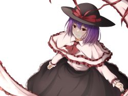 Rule 34 | 1girl, ascot, black hat, black skirt, blouse, bow, capelet, closed mouth, frilled capelet, frilled shawl, frills, from above, hat, hat bow, hatoman (ytef4434), highres, long sleeves, nagae iku, purple hair, red ascot, red bow, red eyes, shawl, shirt, short hair, simple background, skirt, smile, solo, touhou, white background, white capelet, white shirt
