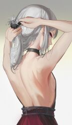 Rule 34 | 1girl, absurdres, adjusting hair, an-94 (girls&#039; frontline), an-94 (silent rouge) (girls&#039; frontline), backless dress, backless outfit, black dress, blue eyes, commentary, dress, earrings, english commentary, fi ao, from behind, girls&#039; frontline, gradient background, gradient dress, grey background, hair ornament, halter dress, halterneck, highres, jewelry, long hair, looking at viewer, official alternate costume, red dress, simple background, solo, upper body, white background, white hair