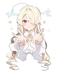 Rule 34 | 1girl, blonde hair, closed mouth, collared shirt, cropped torso, double v, edel (ikeuchi tanuma), hair over one eye, ikeuchi tanuma, long hair, original, red eyes, ringlets, shirt, simple background, smile, sparkle, translation request, upper body, v, very long hair, white background, white shirt