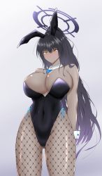 Rule 34 | 1girl, animal ears, black hair, black leotard, blue archive, breasts, cleavage, collarbone, covered navel, dark skin, detached collar, fishnet pantyhose, fishnets, gradient background, halo, highleg, highleg leotard, highres, huge breasts, karin (blue archive), karin (bunny) (blue archive), leotard, long hair, looking at viewer, pantyhose, playboy bunny, rabbit ears, ranhatu, shiny skin, simple background, solo, thighs, thong leotard, very long hair, wide hips, wrist cuffs, yellow eyes
