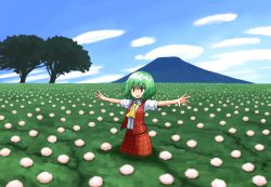 Rule 34 | 1girl, ascot, bad id, bad pixiv id, blue sky, cloud, day, female focus, field, flower, flower field, green hair, kazami yuuka, mountain, open mouth, outstretched arms, plaid, plaid skirt, plaid vest, red eyes, shirt, skirt, skirt set, sky, solo, taiga mahoukan, touhou, tree, vest