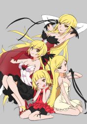 Rule 34 | 4girls, absurdly long hair, bakemonogatari, black ribbon, blonde hair, blunt bangs, breasts, brown eyes, cleavage, closed mouth, commentary request, dress, elbow gloves, fang, feather-trimmed gloves, frilled dress, frills, gloves, grey background, hair between eyes, high heels, highres, itoma mahimahi, kiss-shot acerola-orion heart-under-blade, large breasts, long hair, looking at viewer, medium breasts, monogatari (series), multiple girls, multiple persona, neck ribbon, one eye closed, open mouth, oshino shinobu, pointy ears, red dress, red footwear, ribbon, short hair, simple background, sitting, small breasts, smile, time paradox, tongue, tongue out, very long hair, wariza, white gloves