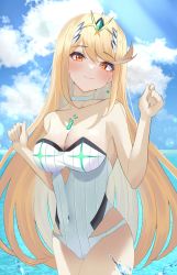 Rule 34 | 1girl, absurdres, bare shoulders, blonde hair, blush, breasts, chest jewel, choker, cleavage, cowboy shot, earrings, gem, headpiece, highres, jewelry, kyaro (wanu 14), large breasts, long hair, looking at viewer, mythra (radiant beach) (xenoblade), mythra (xenoblade), ocean, one-piece swimsuit, sky, solo, strapless, strapless one-piece swimsuit, swept bangs, swimsuit, tiara, very long hair, white one-piece swimsuit, xenoblade chronicles (series), xenoblade chronicles 2, yellow eyes