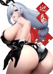 Rule 34 | 1girl, absurdres, animal ears, arched back, ass, black gloves, black leotard, blue eyes, braid, breasts, commentary, curvy, earrings, floating hair, foreshortening, from behind, genshin impact, gloves, grey hair, hair between eyes, highleg, highleg leotard, highres, huge breasts, jewelry, large breasts, leaning forward, leotard, long hair, looking at viewer, looking back, open mouth, playboy bunny, rabbit ears, rabbit tail, raised eyebrow, red background, shenhe (genshin impact), sideboob, skindentation, solo, strapless, strapless leotard, tail, tassel, tassel earrings, teeth, thick thighs, thighs, twisted torso, upper teeth only, very long hair, white background, yumeto (ym-1)