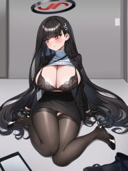Rule 34 | 1girl, absurdres, black hair, black pantyhose, black skirt, blue archive, blunt bangs, blush, bra, breasts, clothes pull, hair ornament, hairclip, halo, high heels, highres, jacket, lace, lace-trimmed bra, lace trim, large breasts, long hair, long sleeves, looking to the side, nanni jjang, pantyhose, pleated skirt, red eyes, ribbed sweater, rio (blue archive), skirt, solo, sweater, sweater pull, tablet pc, turtleneck, turtleneck sweater, underwear, very long hair, white sweater