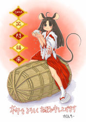 Rule 34 | 1girl, animal ears, gunchee, hakama, hakama skirt, highres, japanese clothes, kotoyoro, miko, mouse ears, new year, red hakama, skirt, solo, tail