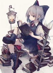 Rule 34 | 1girl, blue dress, blue eyes, blue footwear, blue hair, book, book stack, boots, bow, chair, cirno, creatures (company), cross-laced footwear, dress, game freak, gen 2 pokemon, hair bow, highres, hito komoru, holding, holding book, ice, ice wings, lace-up boots, lanturn, nintendo, pokemon, pokemon (creature), puffy short sleeves, puffy sleeves, reading, short hair, short sleeves, solo, touhou, wings