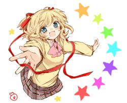 Rule 34 | 1girl, :d, blonde hair, blue eyes, kamikita komari, little busters!, natsu (norari kurari), no legs, open mouth, outstretched arms, plaid, plaid skirt, ribbon, school uniform, short hair, sketch, skirt, smile, solo, spread arms, star (symbol), sweater, twintails