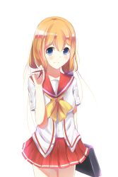 Rule 34 | 10s, 1girl, blue eyes, charlotte (anime), clothes, hafrizalramad, highres, long hair, looking at viewer, nishimori yusa, orange hair, pleated skirt, red skirt, school uniform, simple background, skirt, solo, white background